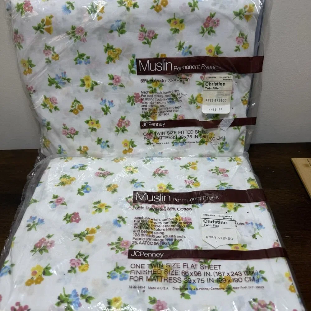 Vtg Sheet Twin Set Flat Fitted Christine Floral Muslin Perm Press Cottagecore